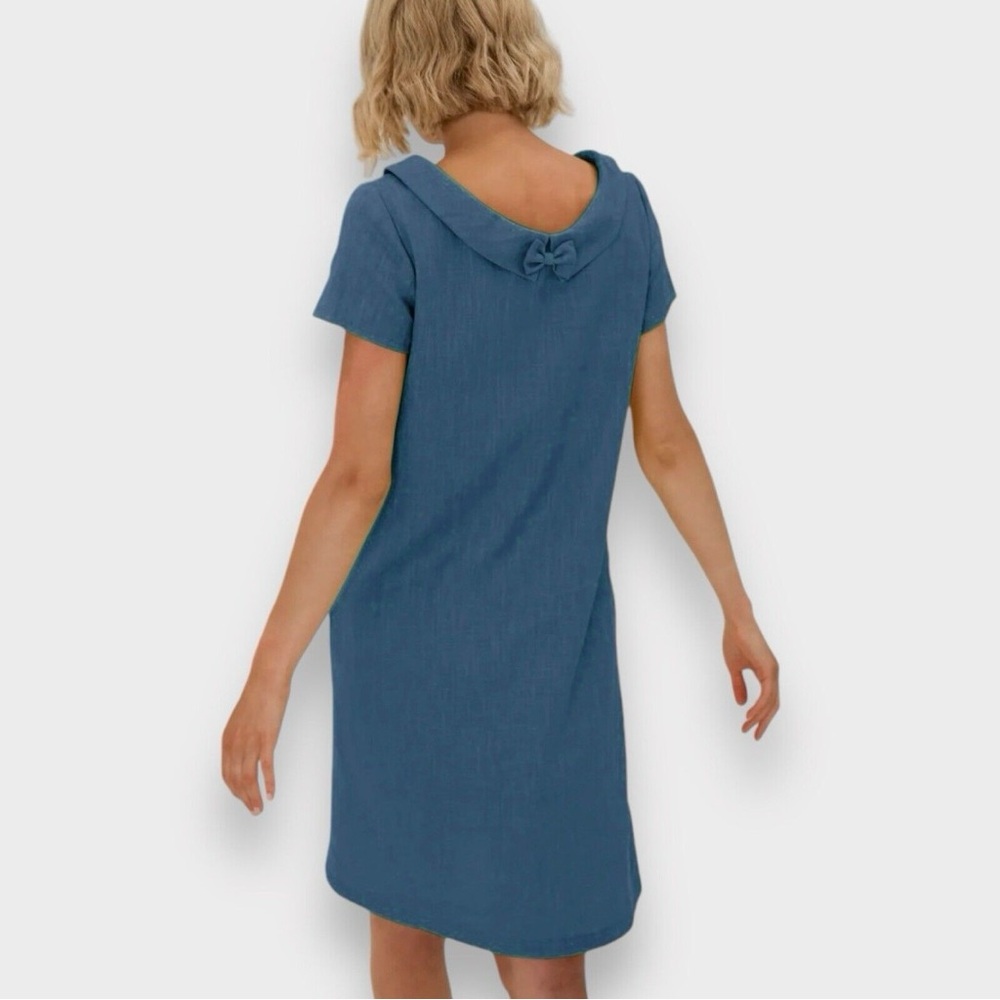 LE MUSE Story Linen A-line Collared Bow Back Mini Dress Chambray Blue Size XL
